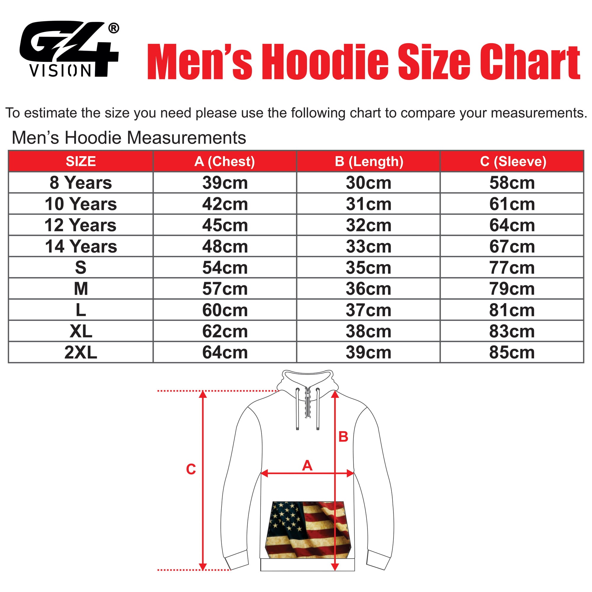 G4 Men’s Hoodie Size Chart